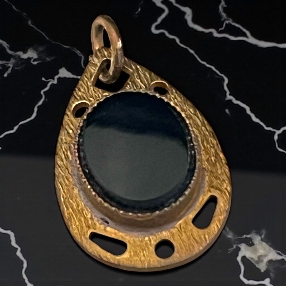 Vintage 1950s Modernist Black Onyx Pendant Textured Teardrop - 7S